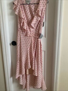 Donna Morgan Pink Printed Ruffle Wrap High-Low Dress